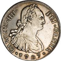 Guatemala coin 8 Reales - Carlos IV (1790 - 1806) obverse obverse of 8 Reales - Carlos IV (1790 - 1806) coin with KM# 53 from Guatemala.