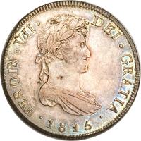 obverse of 8 Reales - Fernando VII (1808 - 1821) coin with KM# 69 from Guatemala. Inscription: FERDIN VIII DEI GRATIA 1815