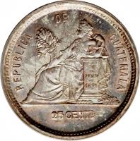 Guatemala coin 25 Centavos (1881 - 1891) reverse reverse of 25 Centavos (1881 - 1891) coin with KM# 205 from Guatemala. Inscription: REPUBLICA BE GUATEMALA 25 CENTS