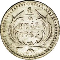 reverse of 1/4 Real (1859 - 1869) coin with KM# 130 from Guatemala. Inscription: 1/4 REAL 1865