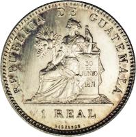 Guatemala coin 1 Real (1894 - 1898) reverse reverse of 1 Real (1894 - 1898) coin with KM# 166 from Guatemala. Inscription: REPUBLICA DE GUATEMALA 30 DE JUNIO DE 1871 1 REAL