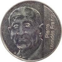 obverse of 5 Francs - Pierre Mendès France (1992) coin with KM# 1006 from France. Inscription: Pierre Mendès France ER