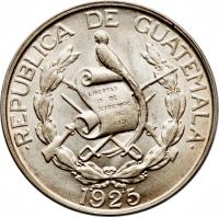 obverse of 1/4 Quetzal (1925) coin with KM# 240 from Guatemala.