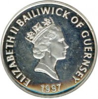 obverse of 1 Pound - Elizabeth II - Golden Wedding - 3'rd Portrait (1997) coin with KM# 70 from Guernsey. Inscription: ELIZABETH BAILIWICK OF GUERNSEY 1997