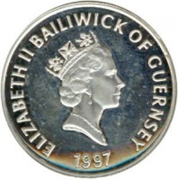 Guernsey coin 1 Pound - Elizabeth II - Golden Wedding - 3'rd Portrait (1997) obverse obverse of 1 Pound - Elizabeth II - Golden Wedding - 3'rd Portrait (1997) coin with KM# 70 from Guernsey. Inscription: ELIZABETH BAILIWICK OF GUERNSEY 1997