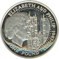 reverse of 1 Pound - Elizabeth II - Golden Wedding - 3'rd Portrait (1997) coin with KM# 70 from Guernsey. Inscription: ELIZABETH AND PHILIP 1947-1997 ONE POUND ·