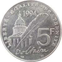 France coin 5 Francs - Voltaire (1994) reverse reverse of 5 Francs - Voltaire (1994) coin with KM# 1063 from France. Inscription: LIBERTÉ · ÉGALITÉ · FRATERNITÉ 1994 5F Voltaire