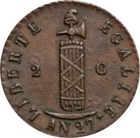 Haiti coin 2 Centimes (1828 - 1842) obverse obverse of 2 Centimes (1828 - 1842) coin with KM# A22 from Haiti. Inscription: LIBERTE EGALITE AN 37