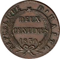 reverse of 2 Centimes (1828 - 1842) coin with KM# A22 from Haiti. Inscription: REPUBLIQUE D'HAITI DEUX CENTIMES 1840