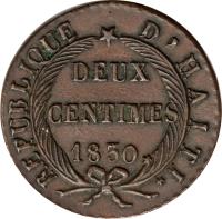 Haiti coin 2 Centimes (1828 - 1842) reverse reverse of 2 Centimes (1828 - 1842) coin with KM# A22 from Haiti. Inscription: REPUBLIQUE D'HAITI DEUX CENTIMES 1840