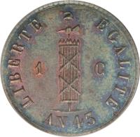 obverse of 1 Centime (1846) coin with KM# 24 from Haiti. Inscription: LIBERTE EGALITE 1 C AN 43