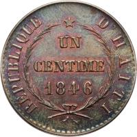 reverse of 1 Centime (1846) coin with KM# 24 from Haiti. Inscription: REPUBLIQUE D'HAITI UN CENTIME 1846