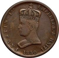 Haiti coin 6 1/4 Centimes - Faustin I - Imperial Coinage (1850) obverse obverse of 6 1/4 Centimes - Faustin I - Imperial Coinage (1850) coin with KM# 38 from Haiti. Inscription: FAUSTIN 1er EMPEREUR D'HAITI