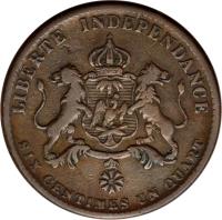 Haiti coin 6 1/4 Centimes - Faustin I - Imperial Coinage (1850) reverse reverse of 6 1/4 Centimes - Faustin I - Imperial Coinage (1850) coin with KM# 38 from Haiti. Inscription: LIBERTE INDEPENDANCE SIX CENTIMES UN QUART