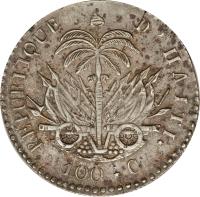 Haiti coin 100 Centimes (1829 - 1833) reverse reverse of 100 Centimes (1829 - 1833) coin with KM# A23 from Haiti. Inscription: REPUBLIQUE D'HAITI* 100*C