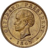 Haiti coin 10 Centimes (1863) obverse obverse of 10 Centimes (1863) coin with KM# 40 from Haiti. Inscription: GEFFRARD PRESIDENT 1863