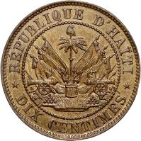 Haiti coin 10 Centimes (1863) reverse reverse of 10 Centimes (1863) coin with KM# 40 from Haiti. Inscription: REPUBLIQUE D'HAITI DIX CENTIMES