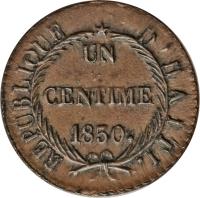 reverse of 1 Centime (1828 - 1842) coin with KM# A21 from Haiti. Inscription: REPUBLIQUE D'HAITI UN CENTIME 1841