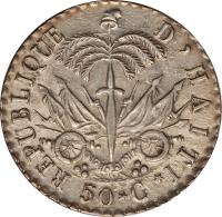 Haiti coin 50 Centimes (1827 - 1833) reverse reverse of 50 Centimes (1827 - 1833) coin with KM# 20 from Haiti. Inscription: REPUBLIQUE D'HAITI 50.C