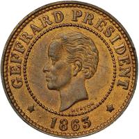 Haiti coin 5 Centimes (1863) obverse obverse of 5 Centimes (1863) coin with KM# 39 from Haiti. Inscription: GEFFRARD PRESIDENT * 1863 *