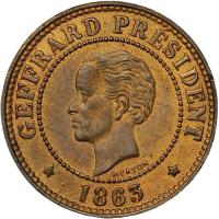 obverse of 5 Centimes (1863) coin with KM# 39 from Haiti. Inscription: GEFFRARD PRESIDENT * 1863 *