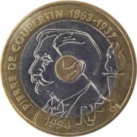 obverse of 20 Francs - Pierre de Coubertin (1994) coin with KM# 1036 from France. Inscription: PIERRE DE COUBERTIN 1863-1937 RF 1994