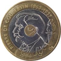France coin 20 Francs - Pierre de Coubertin (1994) obverse obverse of 20 Francs - Pierre de Coubertin (1994) coin with KM# 1036 from France. Inscription: PIERRE DE COUBERTIN 1863-1937 RF 1994