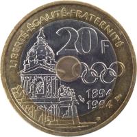 reverse of 20 Francs - Pierre de Coubertin (1994) coin with KM# 1036 from France. Inscription: LIBERTÉ · ÉGALITÉ · FRATERNITÉ 20F 1894 1994