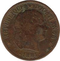 obverse of 2 Centimes (1881) coin with KM# 43 from Haiti. Inscription: * REPUBLIQUE * D'HAITI AN 78 * ROTY G LAFORESTRIE 1881