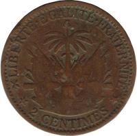 reverse of 2 Centimes (1881) coin with KM# 43 from Haiti. Inscription: LIBERTÉ EGALITÉ FRATERNITÉ 2 CENTIMES
