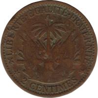 Haiti coin 2 Centimes (1881) reverse reverse of 2 Centimes (1881) coin with KM# 43 from Haiti. Inscription: LIBERTÉ EGALITÉ FRATERNITÉ 2 CENTIMES