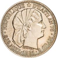 Haiti coin 20 Centimes (1881 - 1895) obverse obverse of 20 Centimes (1881 - 1895) coin with KM# 45 from Haiti. Inscription: REPUBLIQUE * D'HAITI AN87 · 835 MILL · 1890 · 5 GRAM ·