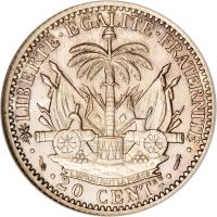 reverse of 20 Centimes (1881 - 1895) coin with KM# 45 from Haiti. Inscription: *LIBERTE · EGALITE · FRATERNITE · · 20 CENTes ·