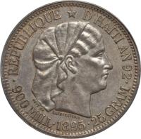 Haiti coin 1 Gourde (1881 - 1895) obverse obverse of 1 Gourde (1881 - 1895) coin with KM# 46 from Haiti. Inscription: RÉPUBLIQUE * D'HAÏTI AN 92 ROTY GR. LAFORESTERIE · 900 MILL · 1895 · 25 GRAM ·