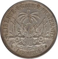 reverse of 1 Gourde (1881 - 1895) coin with KM# 46 from Haiti. Inscription: .LIBERTɷ · GALITɷFRATERNITɷ L'UNION FAIT LA FORCE · 1 GOURDE ·
