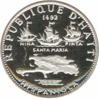 Haiti coin 5 Gourdes - Revolution; Columbus Discovers America (1967 - 1970) obverse obverse of 5 Gourdes - Revolution; Columbus Discovers America (1967 - 1970) coin with KM# 64 from Haiti. Inscription: REPUBLIQUE D'HAITI 1492 NIÑA PINTA SANTA MARIA HISPANIOLA