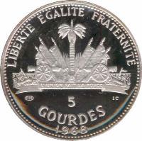 reverse of 5 Gourdes - Revolution; Columbus Discovers America (1967 - 1970) coin with KM# 64 from Haiti. Inscription: LIBERTE EGALITE FRATERNITE 1000 IC 5 GOURDES 1968