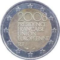 France coin 2 Euro - French Presidency of the EU (2008) obverse obverse of 2 Euro - French Presidency of the EU (2008) coin with KM# 1459 from France. Inscription: 2008 PRÉSIDENCE FRANÇAISE UNION EUROPÉENNE RF