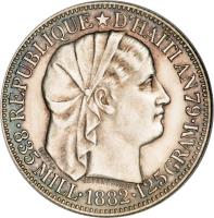 obverse of 50 Centimes (1882 - 1895) coin with KM# 47 from Haiti. Inscription: REPUBLIQUE D'HAITI AN 92 835 MILL.1882.12,5 GRAM.