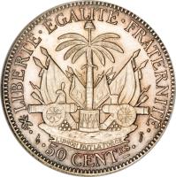 reverse of 50 Centimes (1882 - 1895) coin with KM# 47 from Haiti. Inscription: LIBERTE EGALITE FRATERNITE L'union fait la force 50 CENTes