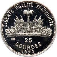 reverse of 25 Gourdes - Christopher Columbus (1973 - 1974) coin with KM# 102 from Haiti. Inscription: LIBERTE EGALITE FRATERNITE L'UNION FAIT LA FORCE 25 GOURDES 1973