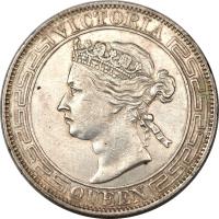 obverse of 1/2 Dollar - Victoria (1866 - 1868) coin with KM# 8 from Hong Kong. Inscription: VICTORIA QUEEN