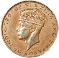 obverse of 1 Cent - George VI (1941) coin with KM# 24 from Hong Kong. Inscription: · GEORGE VI KING AND EMPEROR OF INDIA