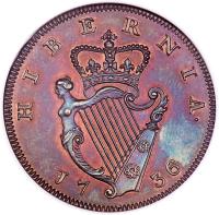 reverse of 1/2 Penny - George II - Small letters (1736 - 1738) coin with SP# 6605 from Ireland. Inscription: HIBERNIA · 1736