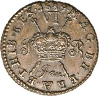 reverse of 6 Pence - James II - Gun Money (1689 - 1690) coin with SP# 6583 from Ireland. Inscription: MAG · BR · FRA · ET · HIB · REX · Jan. 1689