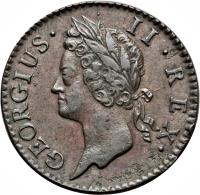 obverse of 1/2 Penny - George II - Large letters (1741 - 1755) coin with SP# 6606 from Ireland. Inscription: GEORGIUS · II · REX ·