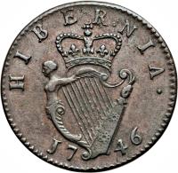 Ireland coin 1/2 Penny - George II - Large letters (1741 - 1755) reverse reverse of 1/2 Penny - George II - Large letters (1741 - 1755) coin with SP# 6606 from Ireland. Inscription: HIBERNIA · 1746