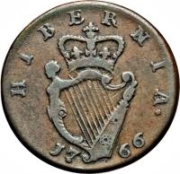 Ireland coin 1/2 Penny - George III - Short bust (1766 - 1769) reverse reverse of 1/2 Penny - George III - Short bust (1766 - 1769) coin with SP# 6612 from Ireland. Inscription: HIBERNIA 17 66