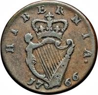 reverse of 1/2 Penny - George III - Short bust (1766 - 1769) coin with SP# 6612 from Ireland. Inscription: HIBERNIA 17 66