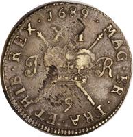 reverse of 1 Shilling - James II - Gun Money (1689 - 1690) coin with SP# 6581 from Ireland. Inscription: 1689 XII J R MAG.BR.FRA.ET.HIB.REX